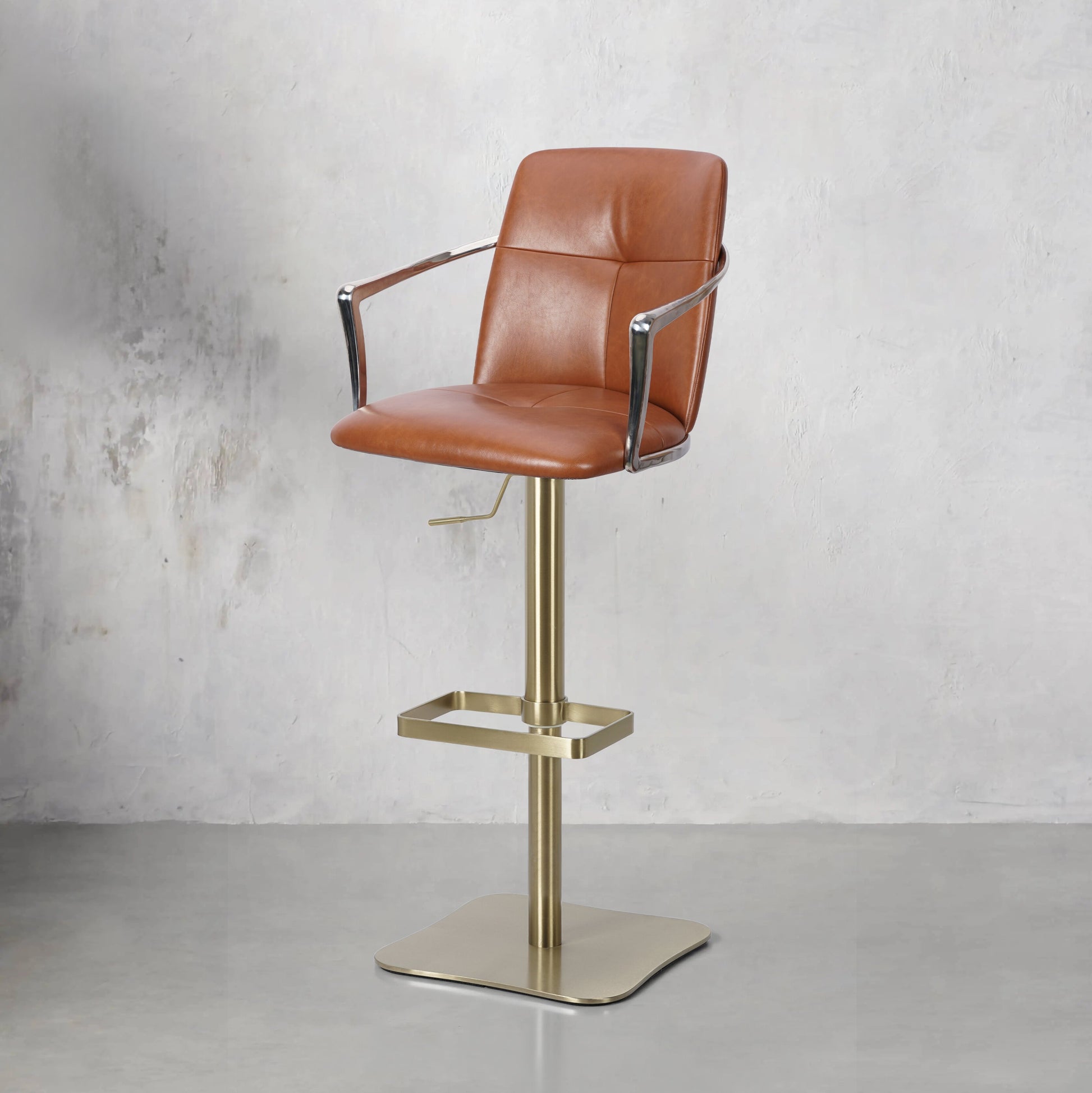 Heduedmobel bar chair with mohair and PU leather upholstery, full grain leather accents, modern design and sturdy frame.