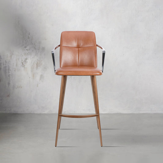 Bar chair with mohair, Huabao PU leather, and full grain leather upholstery, featuring a modern design with metal legs.
