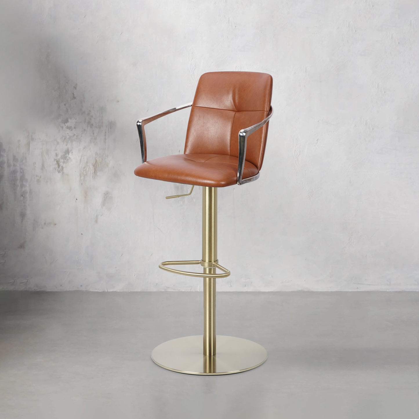 Heduedmobel bar chair with Mohair and PU leather upholstery, full grain leather seat, modern design, front view.