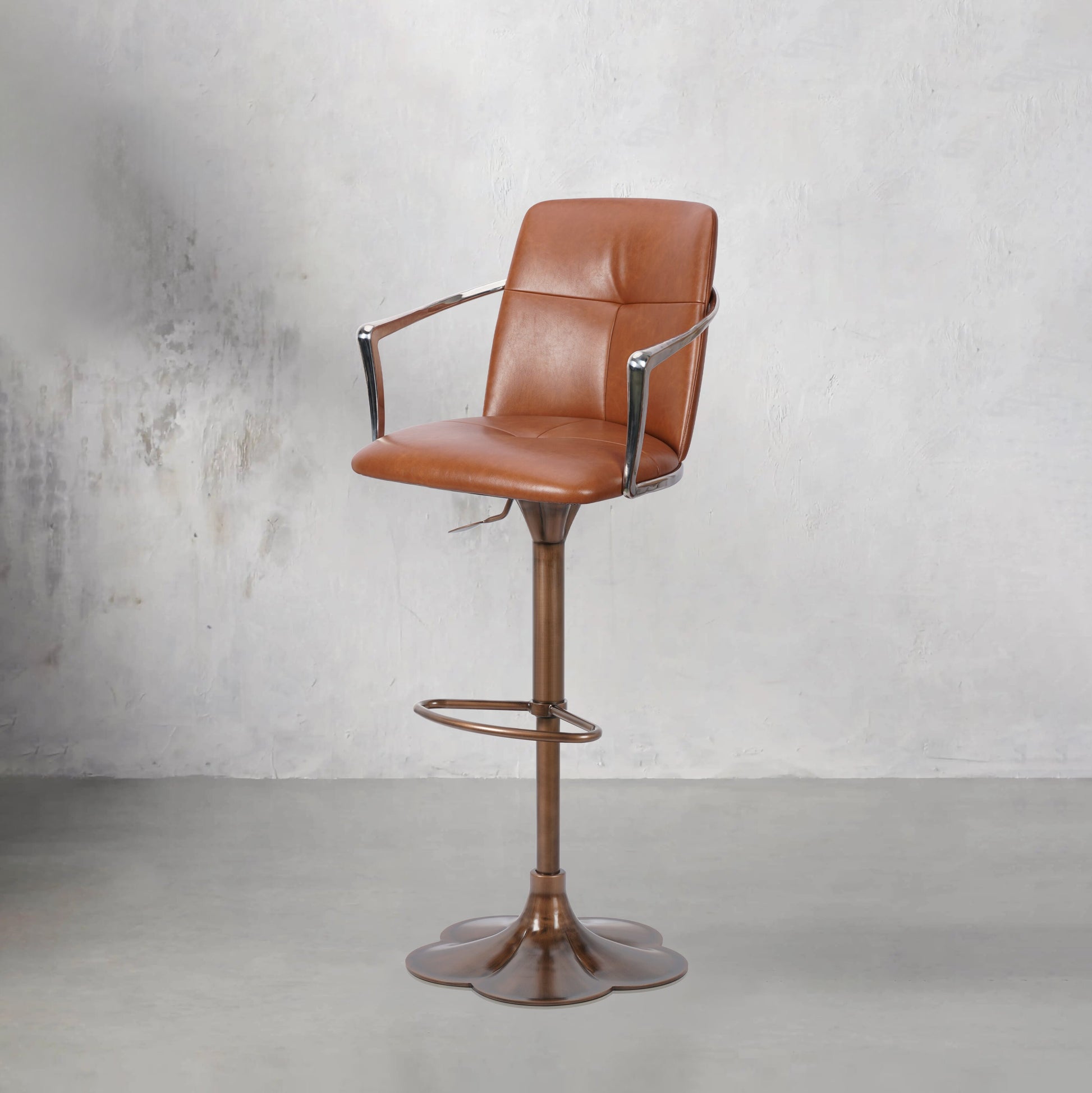 Bar chair with Mohair, Huabao PU leather, and full grain leather upholstery, featuring a sleek modern design.
