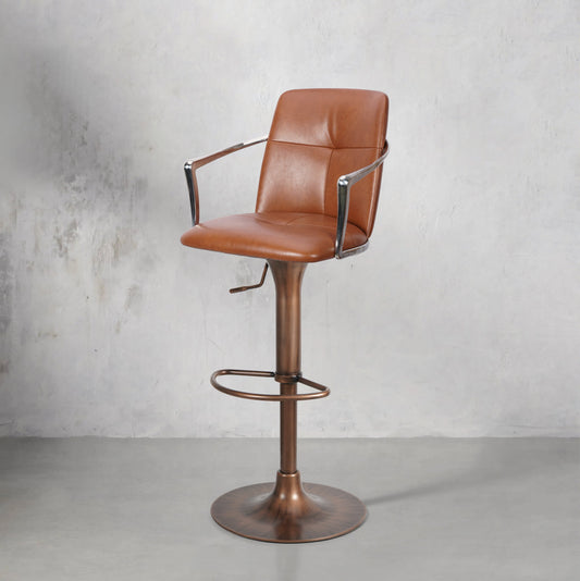 Bar chair with mohair, Huabao PU leather, and full grain leather upholstery, featuring a sleek modern design.
