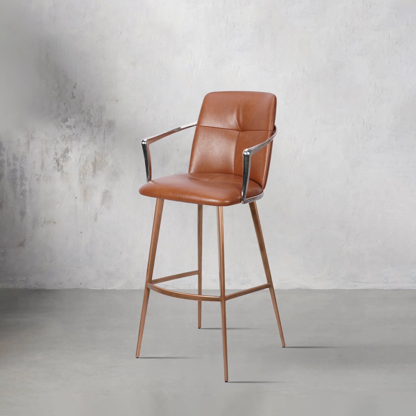 Bar chair made of Mohair, Huabao PU leather, and full grain leather with a modern design, featuring a cushioned seat and wooden legs.