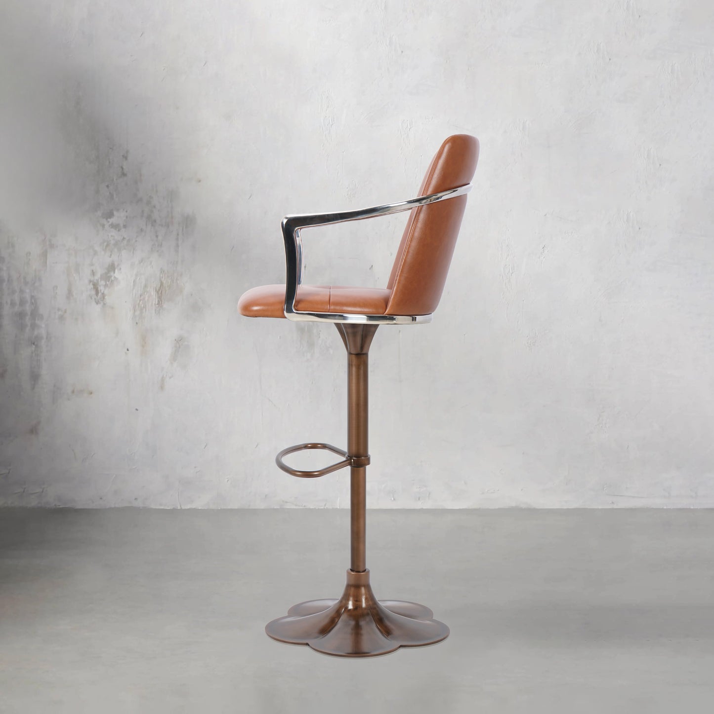 Bar chair with Mohair and PU leather upholstery, full grain leather details, featuring a modern design and sturdy metal frame.