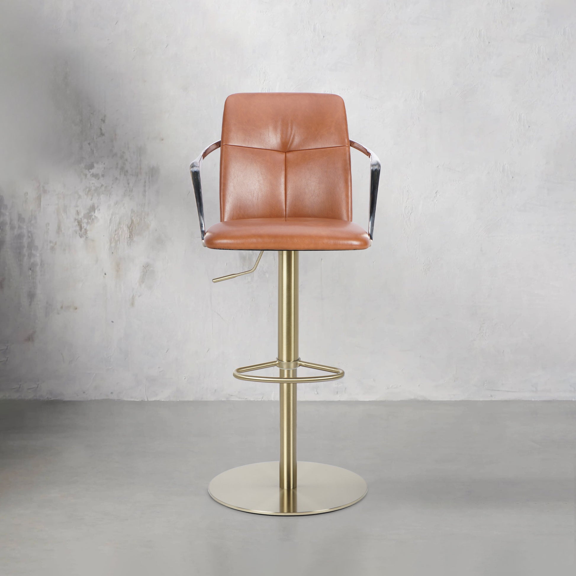 Bar chair with Mohair, PU leather, and full grain leather upholstery, featuring a modern design and sturdy metal legs.