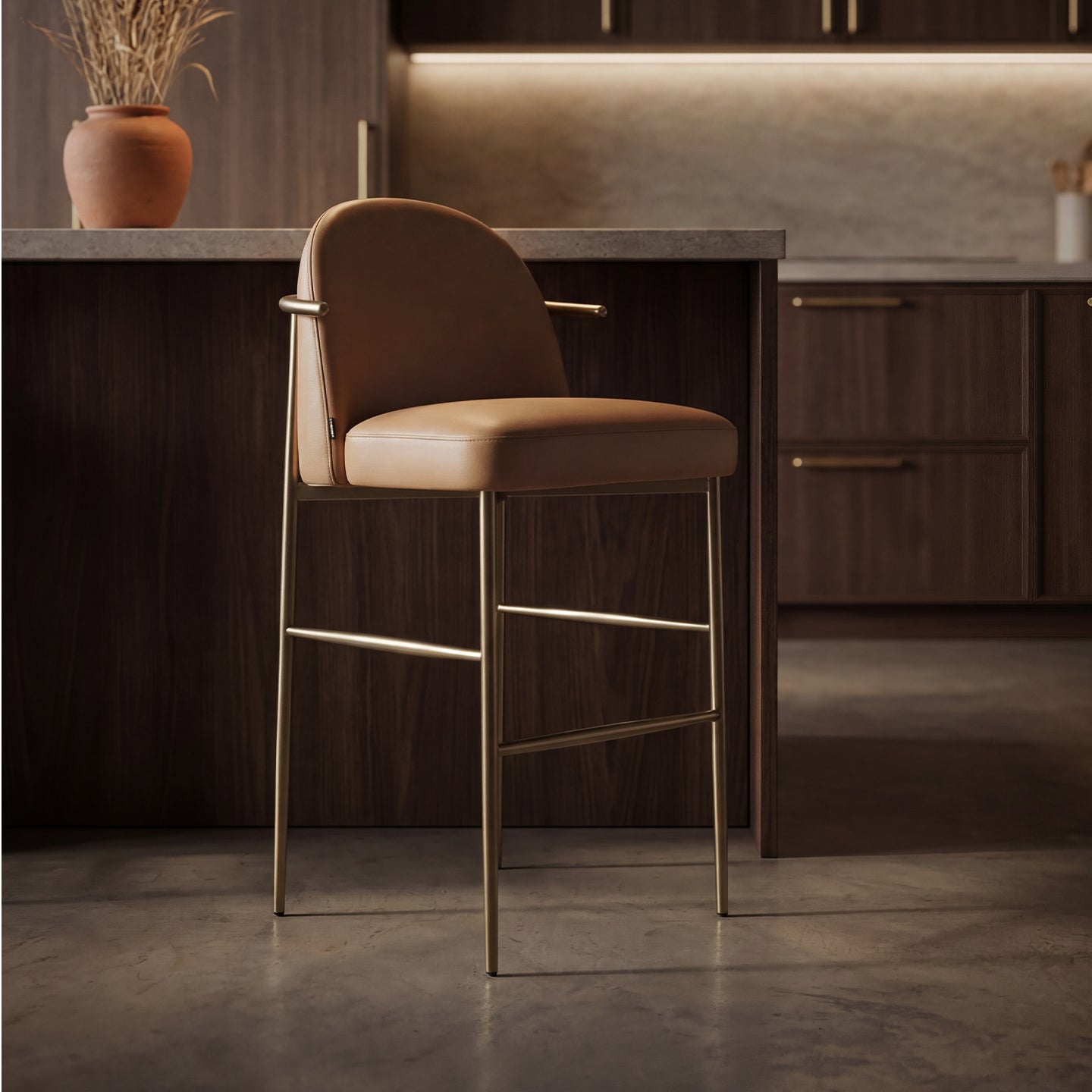 Meibao PU leather bar chair HD-7607 with cushioned seat and backrest, dark brown finish, modern design, in a stylish bar setting