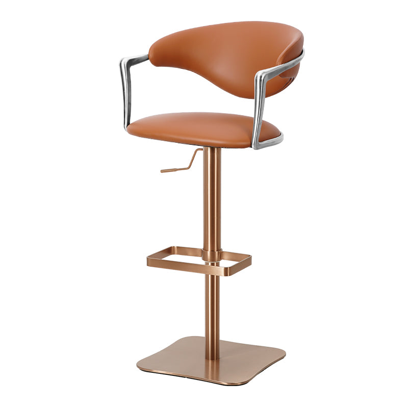 Meirou HD-7753 bar chair in brown PU leather with plain-grain cowhide upholstery and sleek metal legs.