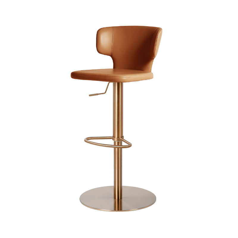 Bar chair with plain-grain cowhide upholstery and sleek design, featuring a sturdy wooden frame and modern style.
